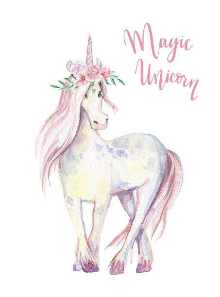 神奇的独角兽。水彩插图，美丽孤立的小马与花。图片下载