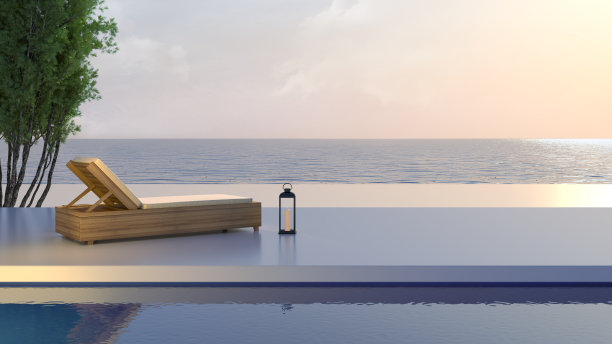 夏季放松海景豪华别墅游泳池，海滩和全景海景3d渲染太阳躺椅上日光浴室内插图图片下载