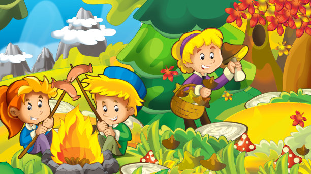 卡通秋天的自然背景与女孩采蘑菇图片下载