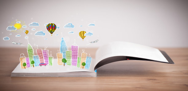 城市景观绘图在打开的书图片下载