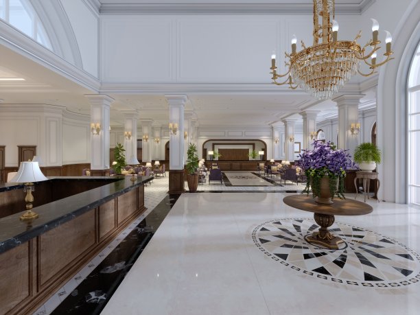 美丽的木质接待中心宽敞的大堂古典风格。图片下载