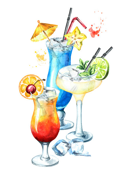 鸡尾酒会。水彩手绘插图孤立的白色背景素材图片