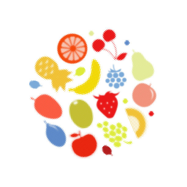 半色调矢量彩色水果和浆果图片下载