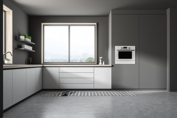 灰色的厨房，白色的柜台图片下载