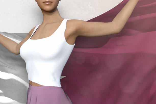 性感的女人在明亮的裙子持有卡塔尔国旗在她背后的白色背景-国旗概念3d插图图片下载