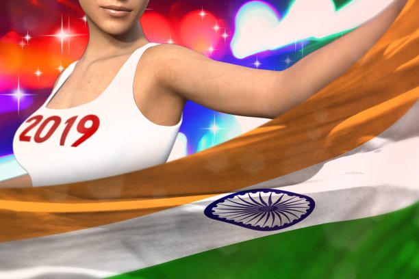 漂亮的女孩手持印度国旗在派对灯光前-圣诞和2019年新年旗概念3d插图图片下载