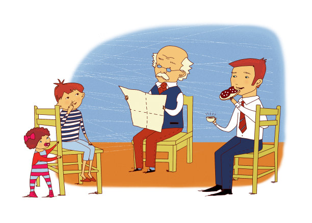 家庭场景:爷爷在看报纸，爸爸在吃三明治，孙子在抠鼻子，一个小女孩站在椅子旁边图片下载