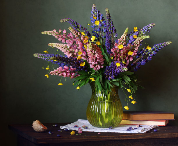 有一束羽扇豆和毛茛的静物画。图片下载