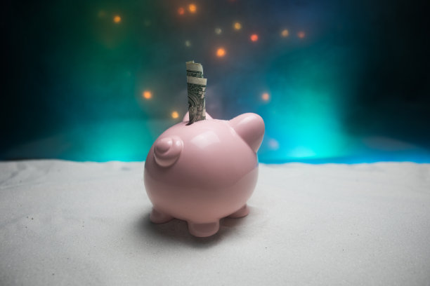 圣诞快乐，恭贺新禧。农历猪年，象征2019年为贺年卡。软选择聚焦。云杉树枝上的玩具猪。粉红色的猪在雪地上。图片下载