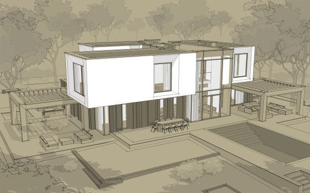 现代舒适的花园住宅三维效果图白点黑线草图和手工背景手绘随从图片下载
