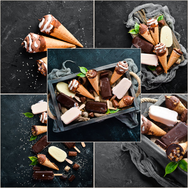 图片拼贴冰淇淋。热带水果。在黑色的背景上。图片下载