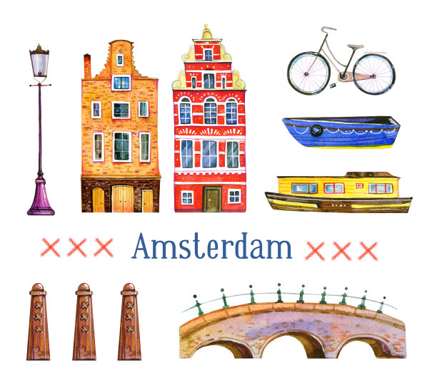 阿姆斯特丹插图。水彩手绘集。房屋、自行车、桥梁、船只和建筑细节图片下载