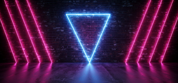 科幻霓虹抽象形状发光的蓝色紫色三角形灯在垃圾砖墙和反射混凝土地板背景俱乐部激光3D渲染图片下载