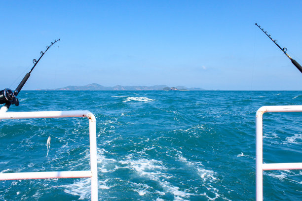 鱼竿和鱼线上挂着的鱿鱼准备在远洋渔船上钓鱼。图片下载