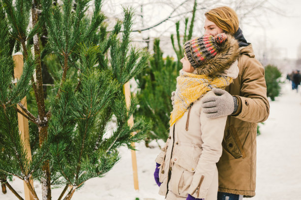 主题是圣诞节和新年假期的象征。美丽年轻的白种异性恋夫妇买家选择，在冬天外面的圣诞树市场购买图片下载