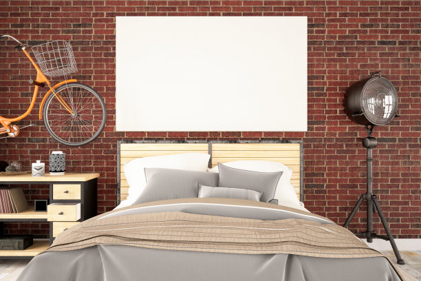 阁楼卧室与自行车和空白画布图片下载