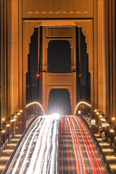 金门大桥夜间交通，放大图片。桥上的车灯闪闪发光。图片下载