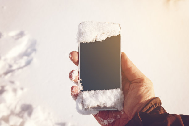 冬日雪林里男人手里的电话图片下载