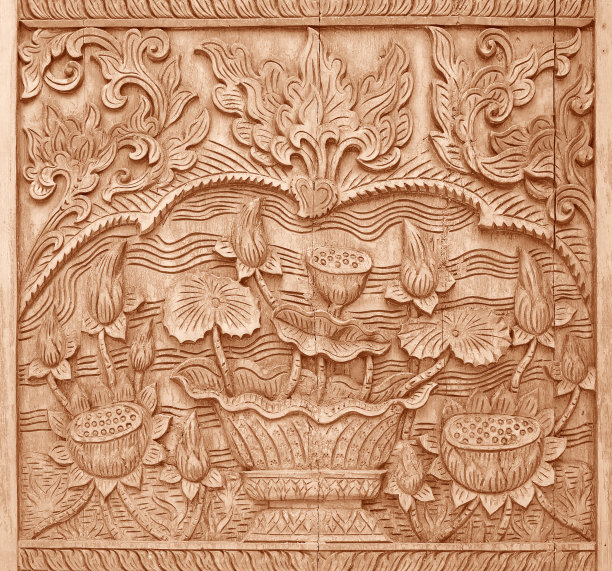 泰国寺庙墙上木雕花卉图案背景图片下载