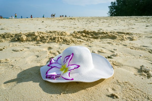 一顶插着花的妇女太阳帽躺在海边的沙滩上。图片下载
