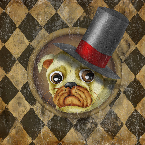 维多利亚潮人哈巴狗与帽子肖像在垃圾水彩马戏团背景图片下载