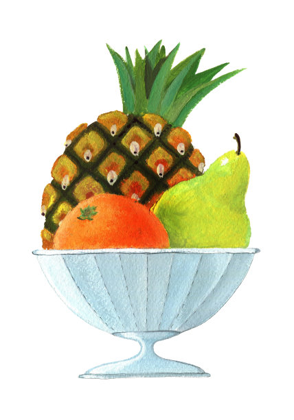 金属花瓶里装着梨、橙、菠萝图片下载