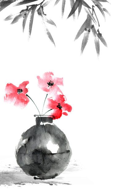 水彩画的静物与花瓶中的花图片下载