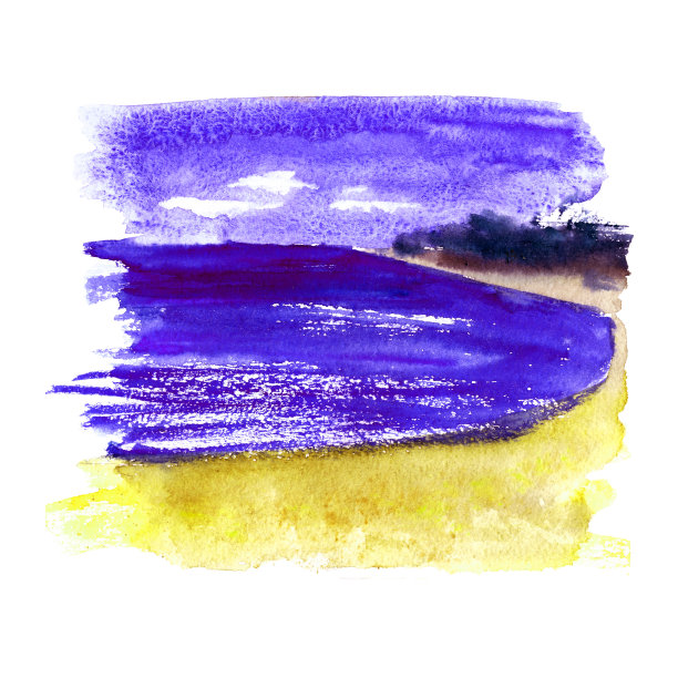 手绘水彩洗在蓝色，紫色和黄色的颜色。海边，海滩和明亮的夜空素描。图片下载