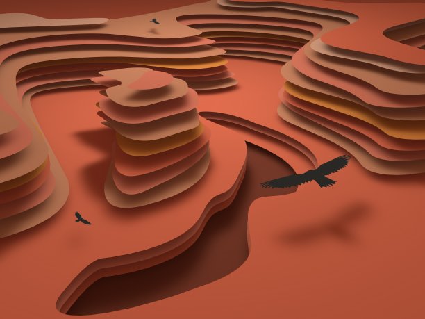 逼真的彩色剪纸背景。抽象的红色和橙色纸海报纹理与波浪层。峡谷救援模仿。3 d渲染插图。图片下载