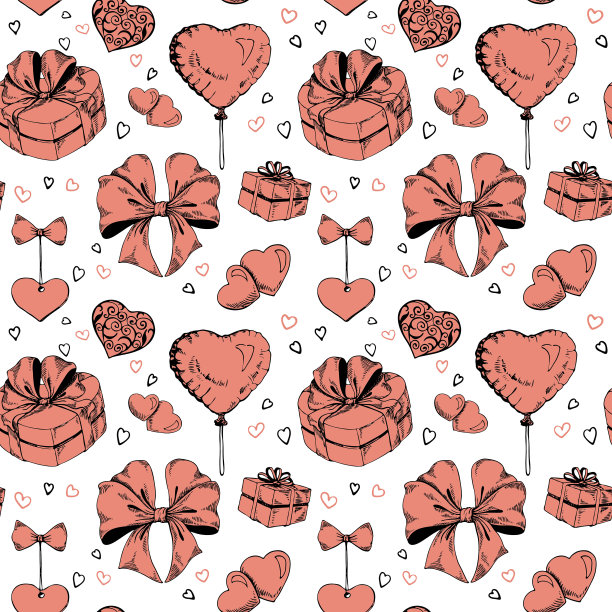 无缝图案手绘心，礼品和蝴蝶结。图片下载