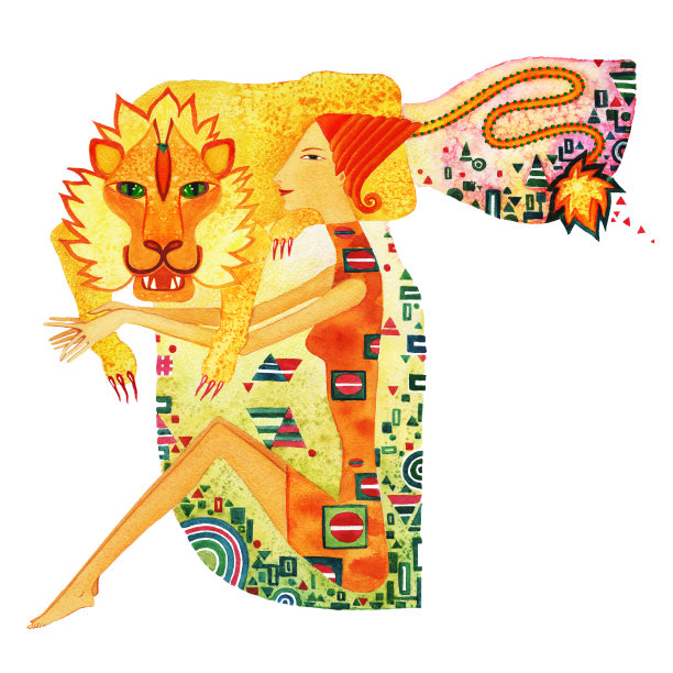 年轻的赤着脚的女人，红头发穿着橙色的裙子，狮子是狮子座的象征。图片下载