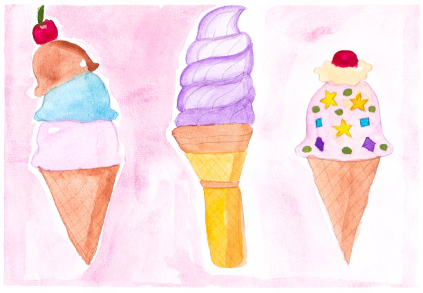手绘三冰淇淋插画水彩图片下载