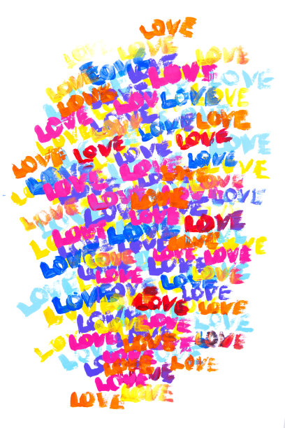 美丽的手绘绘画与字爱被重复在各种颜色与笔触纹理在白色的背景图片下载