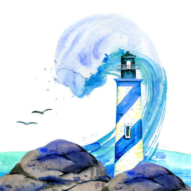 白色和蓝色条纹卡通灯塔在石头海岸与波浪的背景。手绘水彩插图图片下载