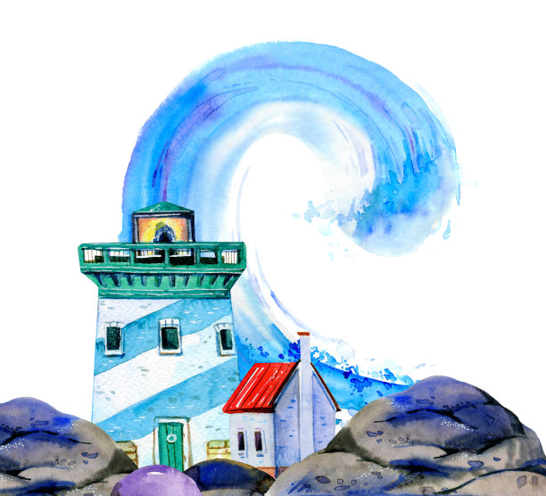 白色和绿色条纹卡通灯塔和小房子的石头海岸与波浪的背景。手绘水彩插图图片下载