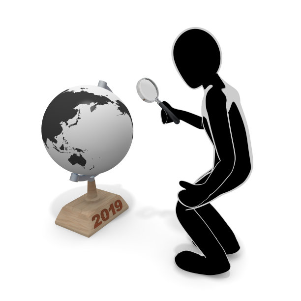 一个地球仪和一个人/放大镜/ 3D插图图片下载