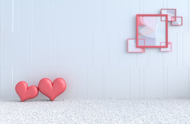 白色的爱的房间。装饰以红心、画框、水泥墙为格子图案。情人节的爱情屋。室内设计及背景。3 d渲染。图片下载