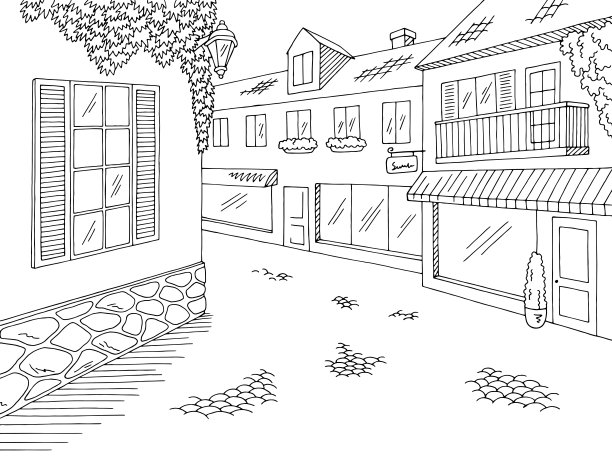 老街道路图形黑白城市景观素描插图矢量图片下载