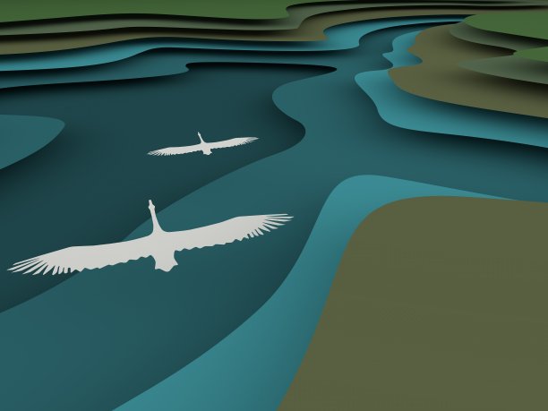 3d剪纸风格地形景观。雕刻艺术湖与飞翔的鸟，俯视图，3d渲染插图。图片下载