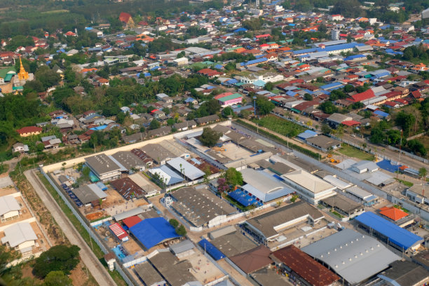 俯视图田野道路和城市，航空照片从飞机，泰国图片下载
