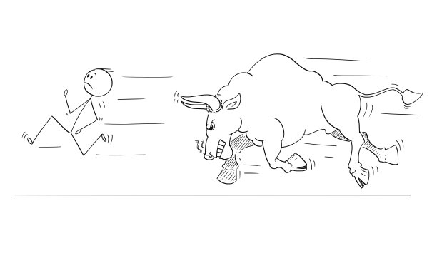 卡通人物或商人逃离愤怒的公牛图片下载
