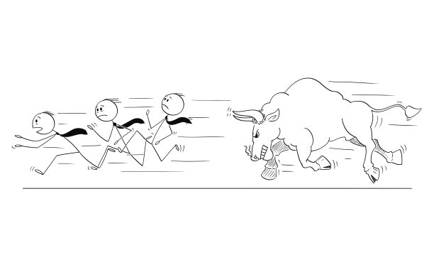 一群商人逃离愤怒的公牛作为上涨的市场价格象征的漫画图片下载
