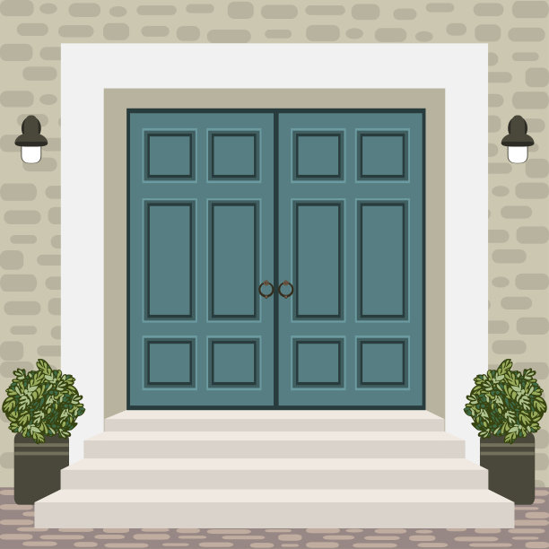 房屋门面有门阶、台阶、灯、盆花，建筑入口立面，外部入口用砖墙设计插画矢量，平直风格图片下载
