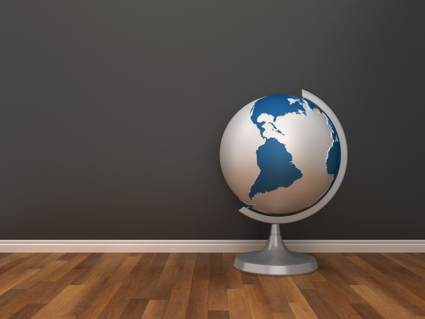 桌面地球仪世界在木地板- 3D渲染图片下载