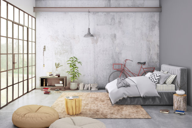 现代卧室内部与空白墙的复制空间图片下载