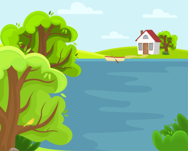 春日田园山水一湖。阳光明媚的夏天的一天。图片下载