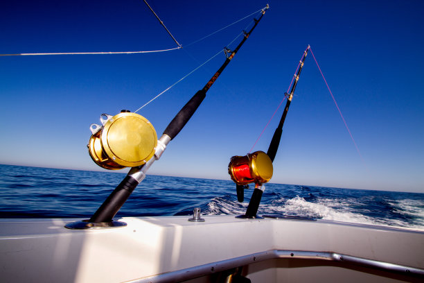 在一个阳光明媚的日子里，一艘船上的海上钓鱼卷轴图片下载