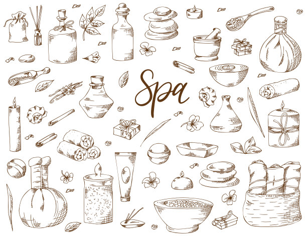 温泉治疗。手绘元素上的白色背景。美发厅保健美容模板。矢量图图片下载