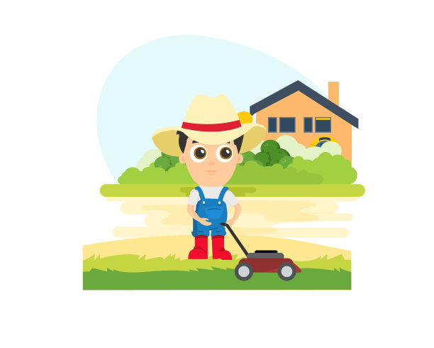 农民正在修剪别墅的草坪，背景是农舍和花园。图片下载