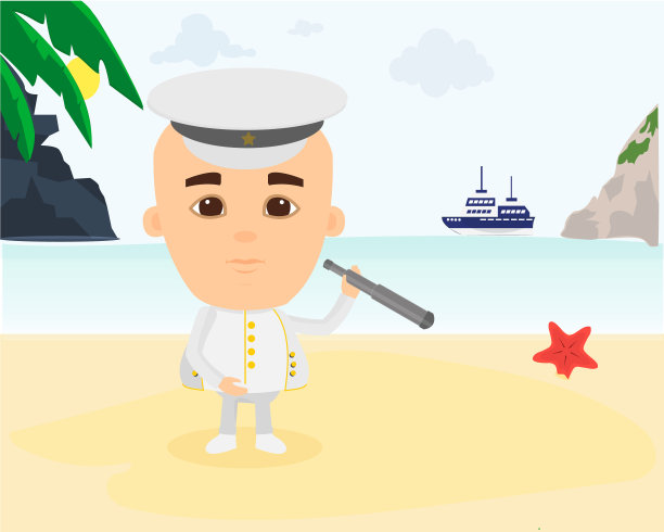 穿着船长服的旅行者，探索环境，海滩，靠近海洋。图片下载